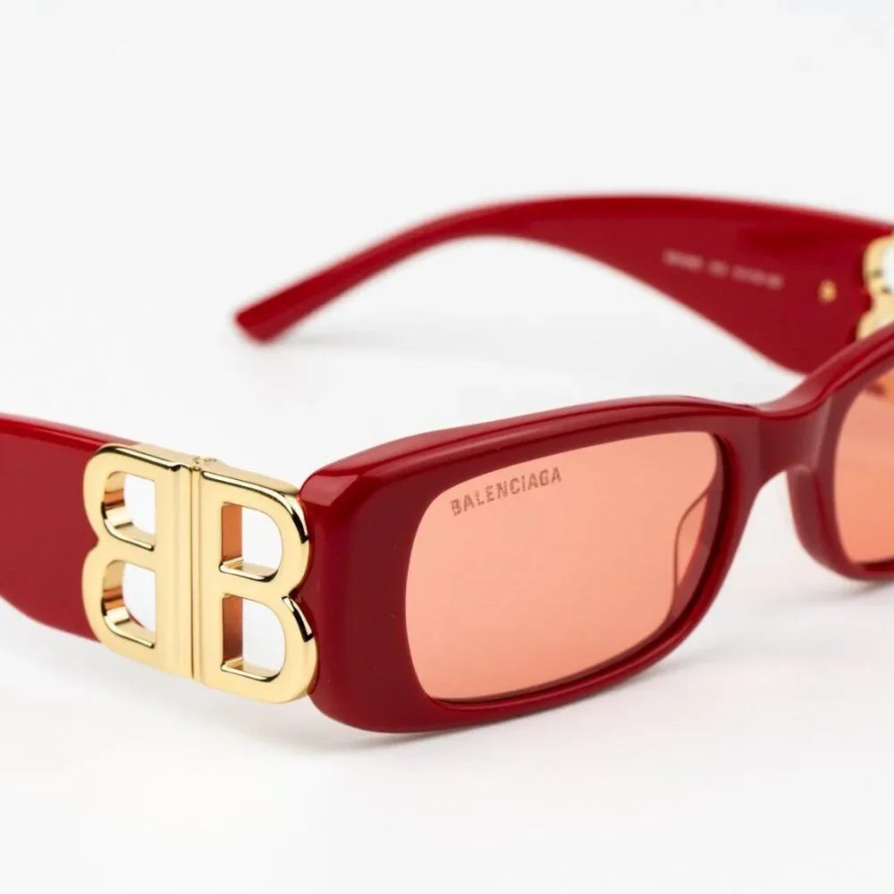 SALE! NEW Balenciaga BB0096S 003 Red Gold Logo Rectangle Women Sunglasses